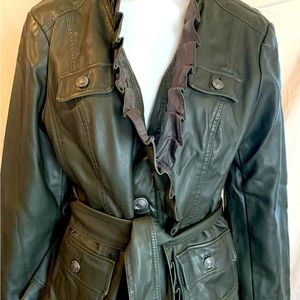 This is a fairly new faux leather olive green short jacket, almost new